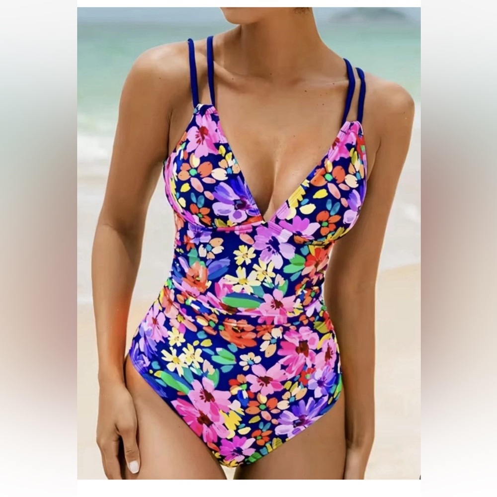 Vibrant Floral One Piece Swimsuit with Strappy Back XXL New!